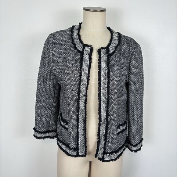 Ann Taylor Factory Jacket Womens L Black White Tweed Open Blazer Office Preppy - Picture 1 of 5